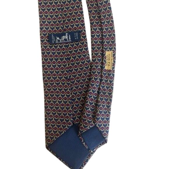 HERMÈS Paris Silk Tie Navy Geometric Horsebit Print 7156 FA Made in France - Picture 6 of 6